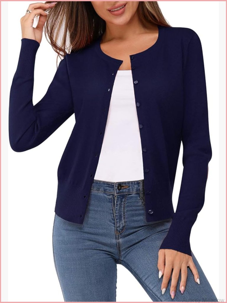Lightweight Button Down Cardigan Long Sleeve Crew Neck Soft Knit Sweater Tops